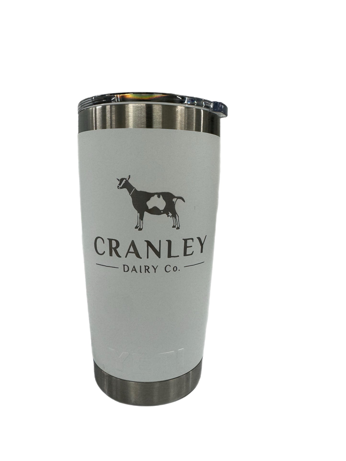 White tumbler with Cranley Dairy Co. logo on a white background